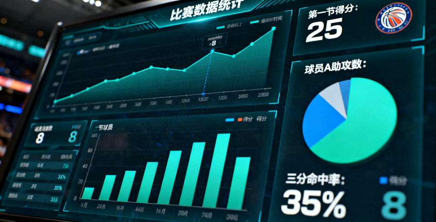 体育数据分析屏幕上的图表与统计数字，用于展示比赛数据可视化